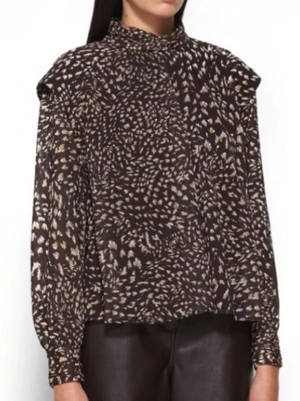 Jonathan Simkhai Ramsey Printed Chiffon Blouse Chocolate Textured Dot Size S NWO